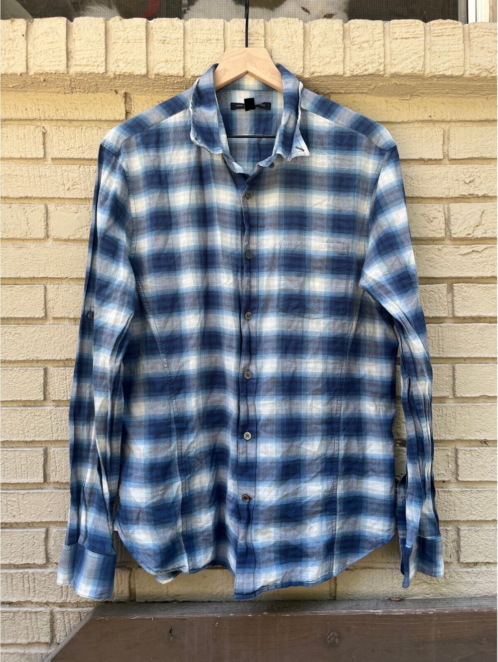 John Varvatos Star USA L47010 L Large Blue Plaid Trim Fit Button - flaws